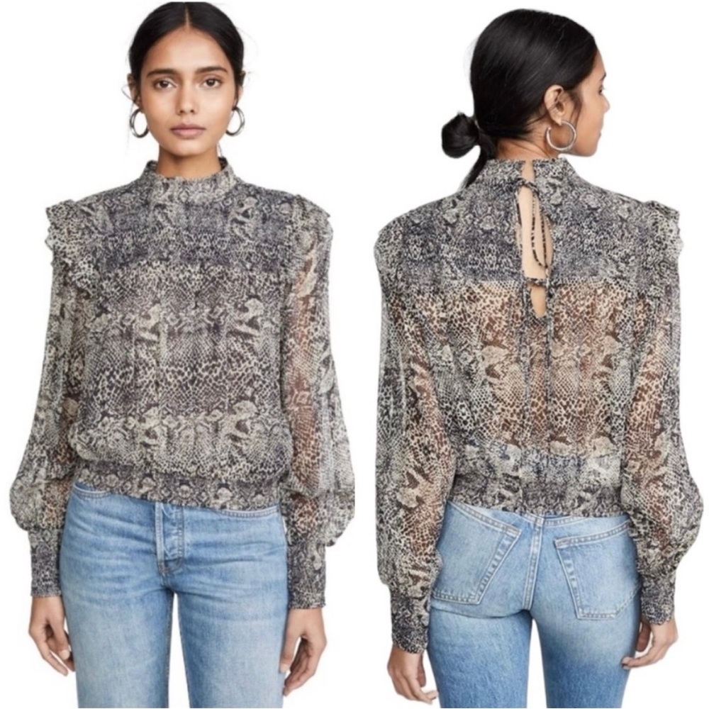 Free People NWT Roma Smocked Tie Back Puff Sleeve Top snake print black M -J